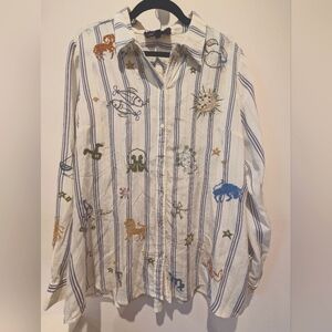 Johnny Was Ariana Embroidered Striped Button-Up Blouse